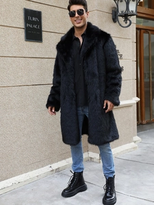 Men's black faux fur long coat with thick lapels for stylish winter warmth outdoors
