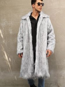 Manteau Long en Fausse Fourrure de Renard pour Hommes Chaud Hiver Manteau Avec Col de Costume Gris Pointes Noires Streetwear Luxe