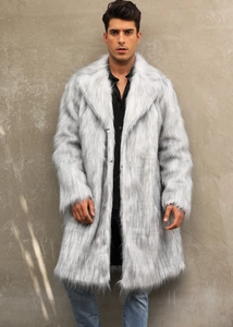 Close-up of fluffy faux fox fur collar and long silver-grey textured plush on men's coat