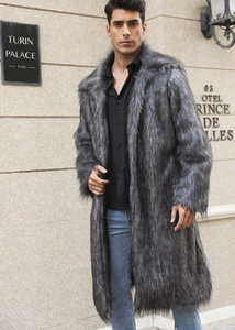 Detailed texture of gray faux fox fur on a stylish long-cut men's winter coat