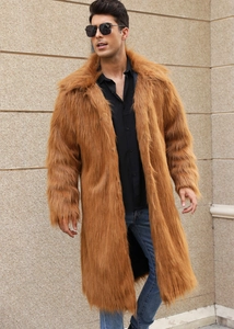 Close-up of fluffy faux fox fur texture on a long caramel men's winter overcoat