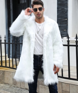Outdoor street shot of men's white long-haired faux fur coat with classic lapel collar