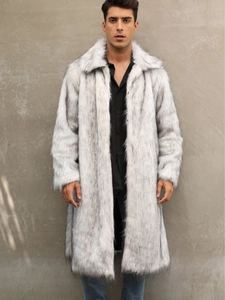 Men Long Faux Fur Coat Fashion Lapel Collar Winter Warm Overcoat Grey White Gradient Fake Fox Fur Outwear Thick Jacket
