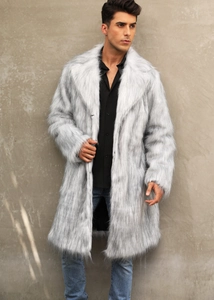 Detail of light gray faux fox fur coat for men featuring wide lapel and long hair texture