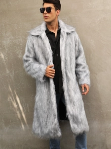 Manteau mi-long en fourrure synthétique de renard pour homme, style gris argenté élégant