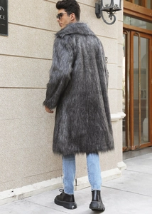 Rear view of men's grey long faux fur coat featuring plush texture and warm mid-length cut