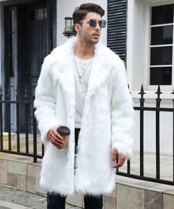 Close-up of white faux fox fur coat featuring a wide lapel and long plush texture