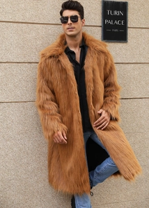 Macro shot of long-haired faux fox fur fabric on luxury brown men coat outdoor