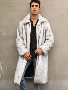Men's long faux fox fur coat in grey and white with a classic lapel collar and casual fit