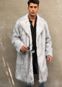 Detailed view of grey faux fox fur texture and large lapel collar on men's winter overcoat