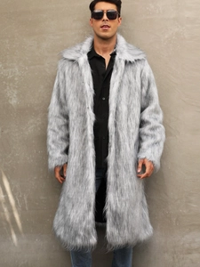 Manteau long en fausse fourrure de renard pour homme gris avec grand revers et fini premium