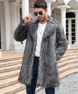 Detail shot of the long-sleeved mixed gray faux fox fur coat with a large lapel collar