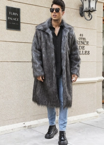 Close-up of men's gray faux fox fur coat featuring thick texture and large lapel design