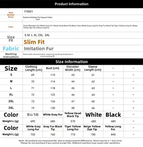 Size chart for men's faux fur jacket showing S to 3XL dimensions in centimeters