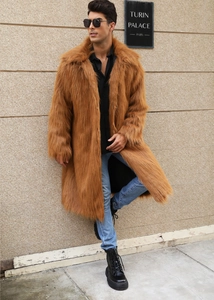 Outdoor street shot of a long faux fur coat for men in brown with shaggy texture and lapels