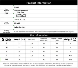 Detailed size chart for men's faux fur jacket showing S-2XL measurements in centimeters