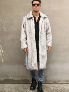 Men's long faux fox fur coat in white with grey highlights and classic lapel design