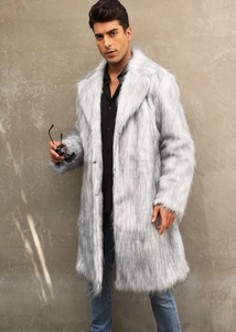 Detailed texture of men long faux fox fur coat in silver grey gradient for winter fashion