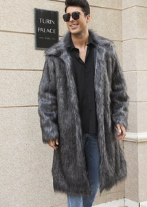 Detail of grey faux fox fur coat with long hair texture and gradient color for men