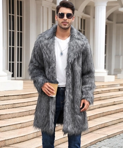 Street style shot of a long grey faux fur coat for men with a wide lapel collar