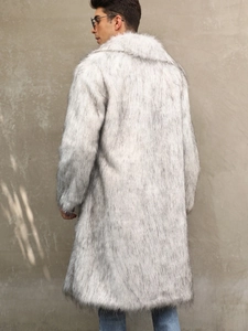 Men's long faux fox fur coat in grey and white mix with wide lapels and back view