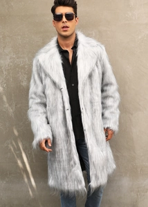 Close-up detail of grey faux fox fur coat texture with thick lapel and black buttons