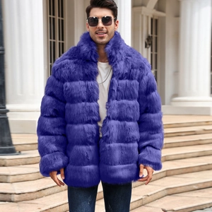 Men's deep purple faux fur coat with a large collar and textured horizontal pattern
