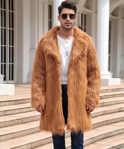 Detailed close-up showing the soft long-fiber faux fur texture of the men's camel coat