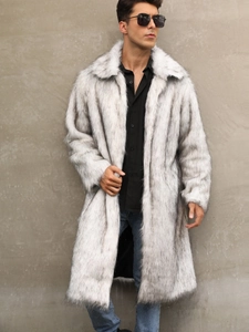 Men's stylish faux fox fur long coat in grey and black with classic lapels