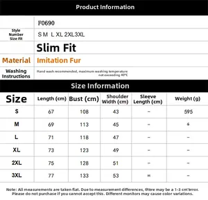 Men's faux fur vest size chart showing measurements from S to 3XL for style F0690
