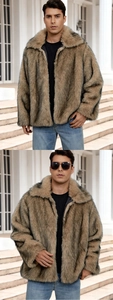Detailed plush texture of men's faux fur jacket with wide lapels and brown gradient