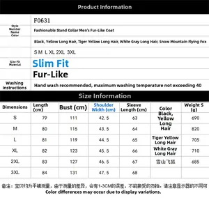 Size chart for faux fur men's jacket with measurements from S to 3XL and material details