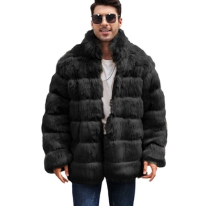 Men's stylish black faux fur coat with horizontal quilted design and plush texture
