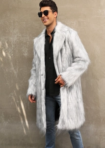 Close-up of fluffy faux fox fur collar and long-haired texture on light grey men coat