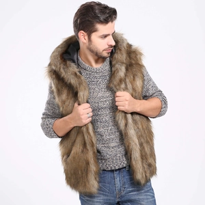 Close-up of fluffy brown faux fur hooded vest for men with gradient long hair texture