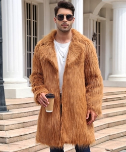 Close-up of the plush texture and collar detail on a camel faux fur long coat for men