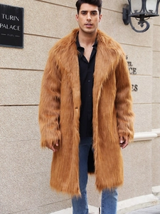 Manteau de Luxe en Fausse Fourrure Longue pour Hommes Veste d'Hiver Chaude et Épaisse Avec Revers Marron Gingembre Mode Streetwear