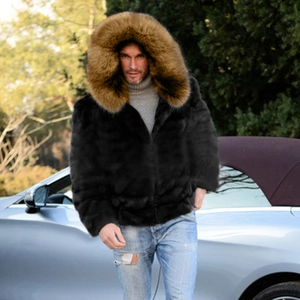 Men's faux fur jacket with hooded brown fur collar and black zipper closure in a luxury style