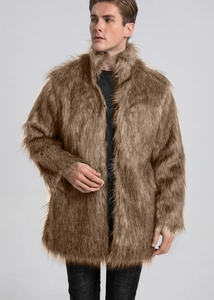 Detail of premium brown faux fur texture on men's stand collar winter coat