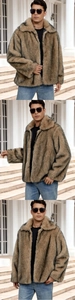 Detailed views of a men's thick faux fur jacket with wide lapel in brown and tan