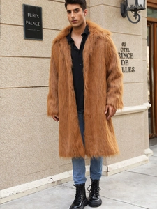Men's Long Faux Fox Fur Coat Winter Warm Thick Caramel Brown Overcoat Wide Lapel Luxury Urban Streetwear Casual Jacket For Men