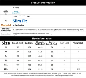 Detailed size chart for faux fur leopard print coat with measurements from S to 3XL
