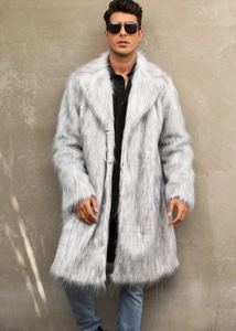 Detailed view of high-quality faux fur texture and lapel collar on men's grey-white coat