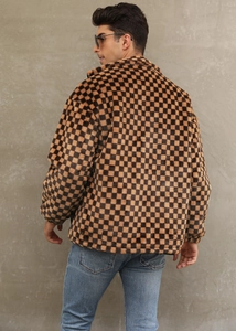 Rear view of men's checkerboard faux fur jacket with brown and black plush texture