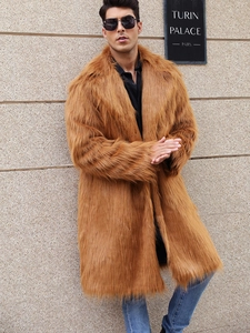 Manteau long en fausse fourrure pour homme, couleur caramel avec revers surdimensionnés