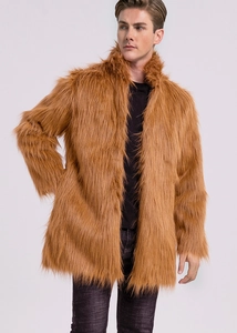 Detail of the thick ginger faux fur texture on this stylish men's stand collar winter coat