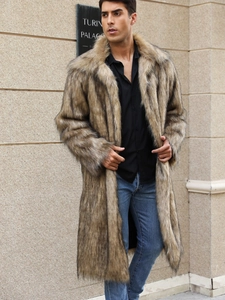 Manteau long en fausse fourrure marron pour homme avec revers élégants pour l'hiver