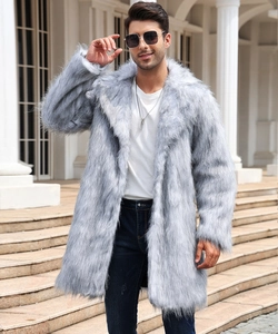 Detailed texture of high-quality grey faux fur coat with thick and glossy fibers