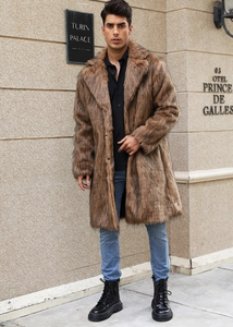 Men's faux fox fur coat with a thick notched lapel and long brown black texture