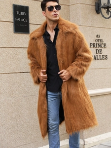 Men's long faux fox fur coat in brown featuring a large lapel and thick warm texture